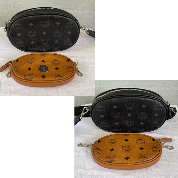 HTF $895 MCM Essential Visetos Double Pochette Crossbody Bag Cognac Black EUC - Picture 8 of 16